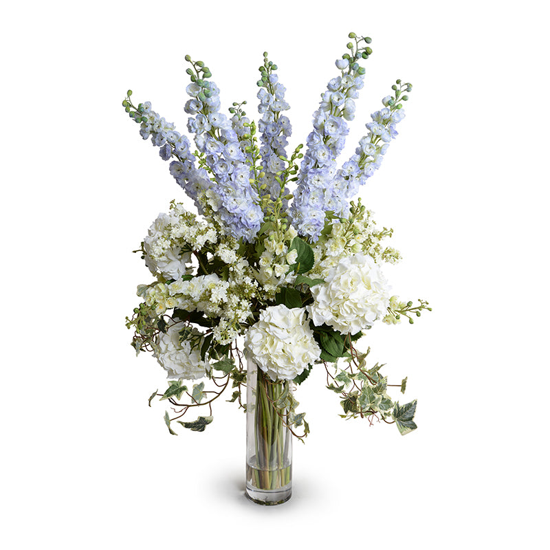 Delphinium, Lilac & Hydrangea Arrangement in Glass Vase 47"H