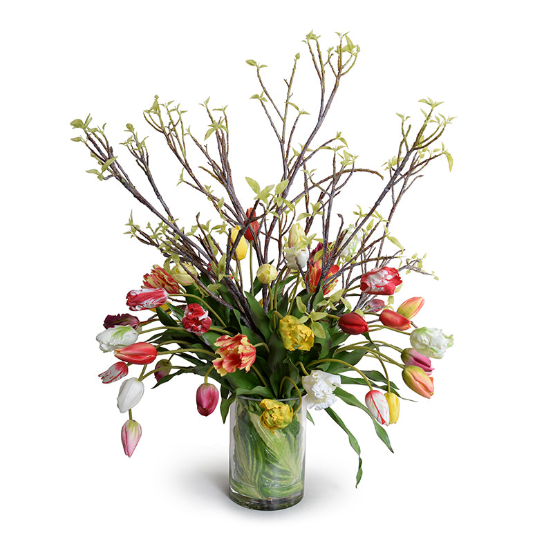 Mixed Tulips w/Branches in Leaf Lined Glass 44"H