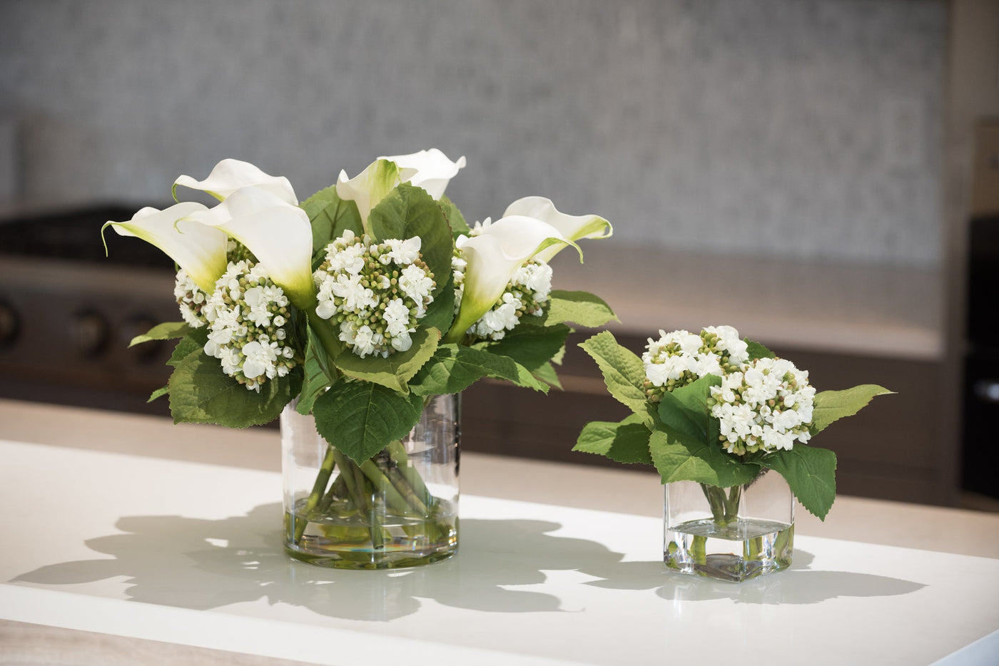 White and Green Wholesale Faux Hydrangea in Glass Vase- New Growth Designs