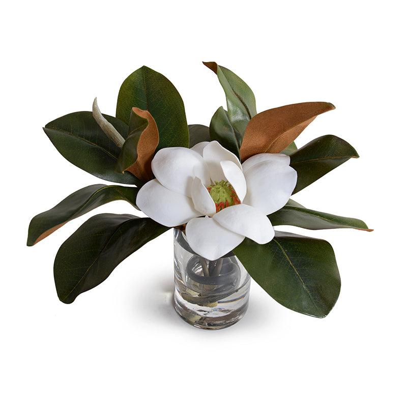 Modern Wholesale Artificial Magnolia Blossom White in Glass Vase Indoor 11 Inches Tall - New Growth Designs