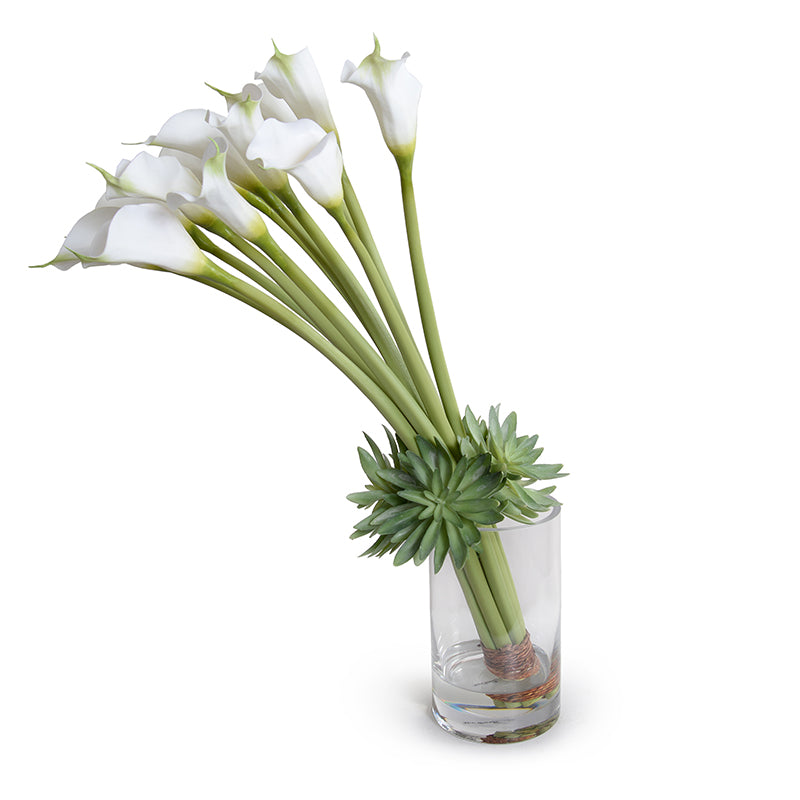 Calla Lily with Succulent collar in glass, 30"H