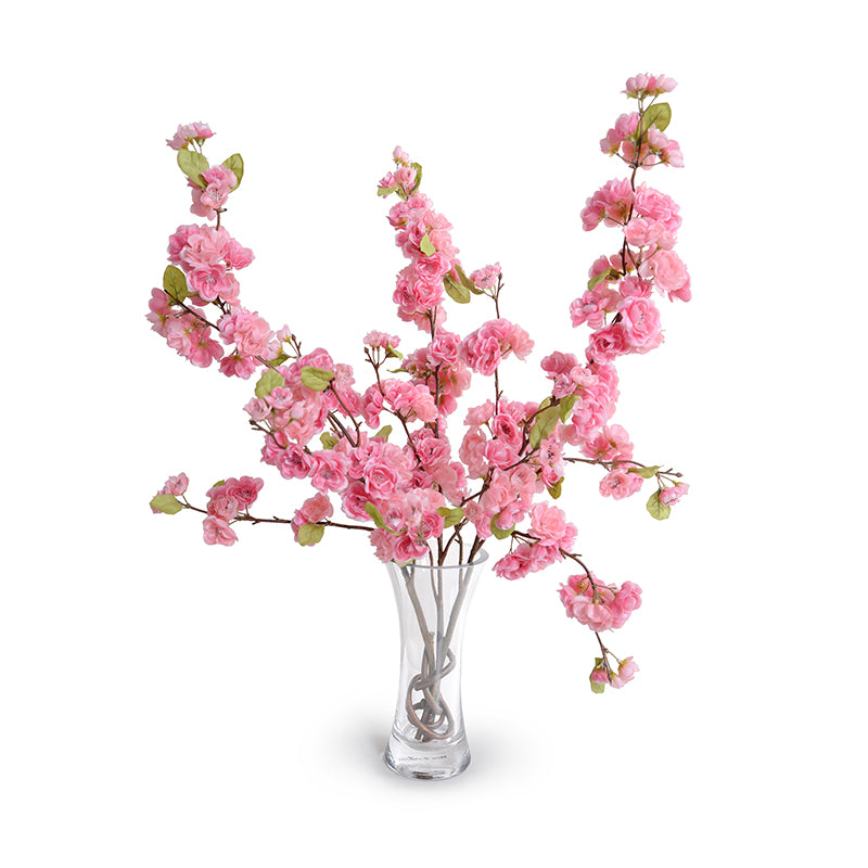 Wholesale Artificial Cherry Blossom Branch Arrangement Pink in Hourglass Glass Vase Indoor 28 Inches Tall - New Growth Designs