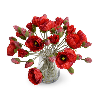Poppy Bouquet in Glass Vase - Red