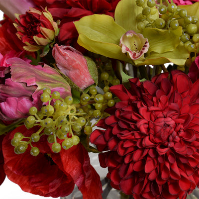 Mixed Flowers Arrangement in Glass -Red