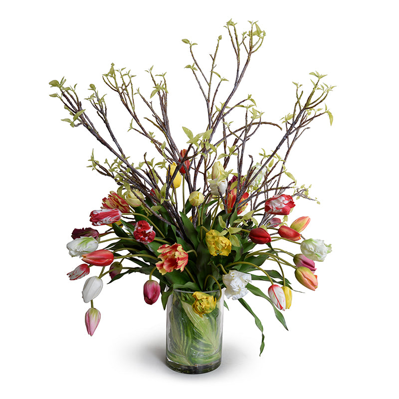 Mixed Tulips w/Branches in Glass Vase, 44"H