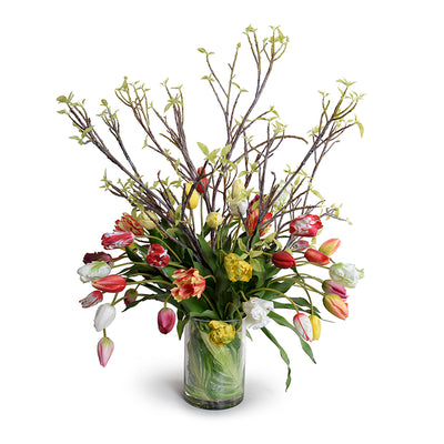 Mixed Tulips w/Branches in Glass Vase, 44"H