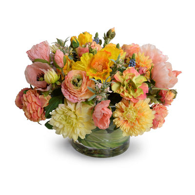 Mixed Flowers Arrangement in Glass -Yellow/Orange/Mauve