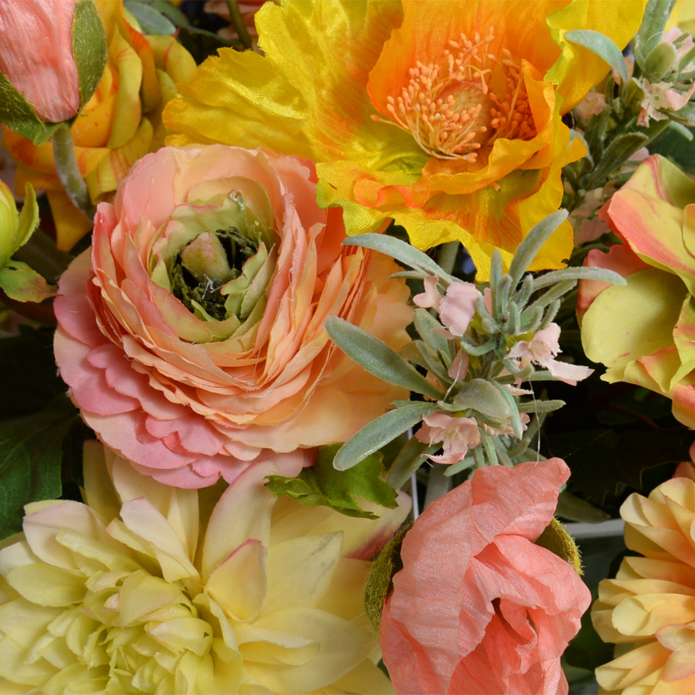Mixed Flowers Arrangement in Glass -Yellow/Orange/Mauve