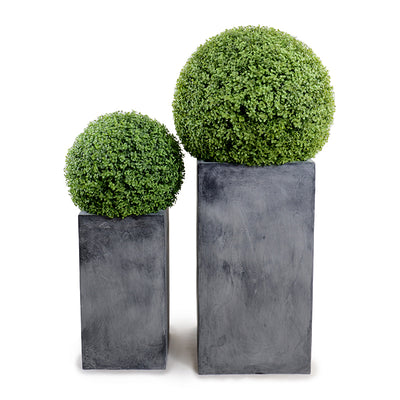 Two Wholesale Faux Boxwood Topiary Balls in Fiberglass Column Planter Outdoor 36 and 48 Inches Tall - Enduraleaf by New Growth Designs