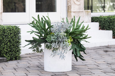 Fiberglass Cylinder Planter w/ White Stone Finish