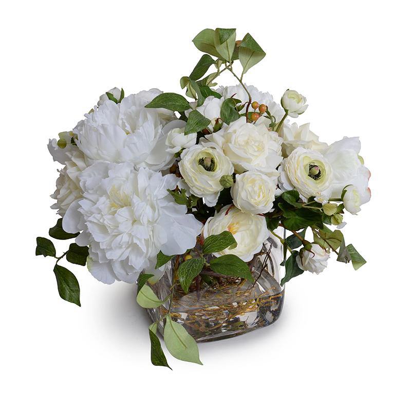 Mixed White Garden Bouquet in Glass Cube - New Growth Designs