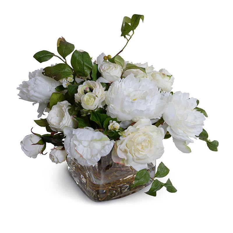 Mixed White Garden Bouquet in Glass Cube - New Growth Designs