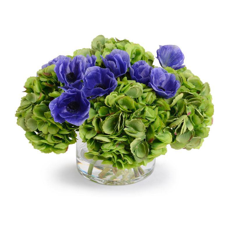 Wholesale Faux Anemone and Hydrangea Arrangement Purple and Deep Green in Glass Vase Indoor 11 Inches Tall - New Growth Designs