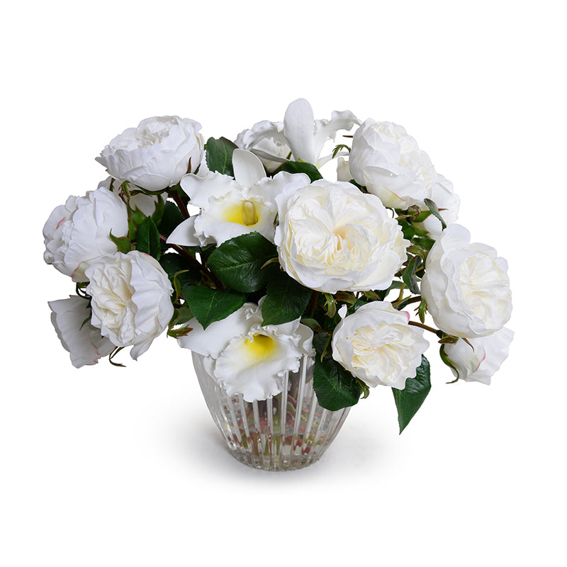 Wedding Rose, Cattleya Orchid bouquet in crystal vase, 12"H