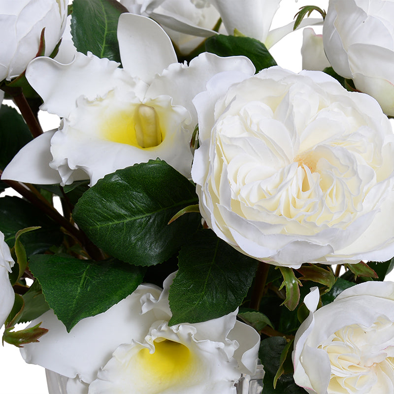 Wedding Rose, Cattleya Orchid bouquet in crystal vase, 12"H