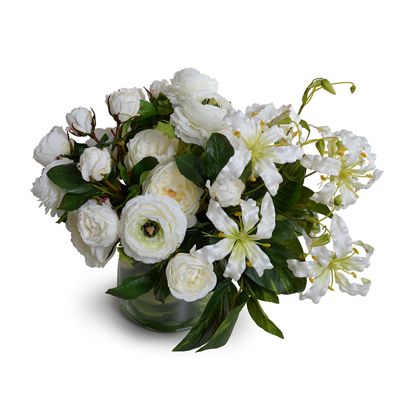 Mixed flowers white bouquet in glass vase, 14"H