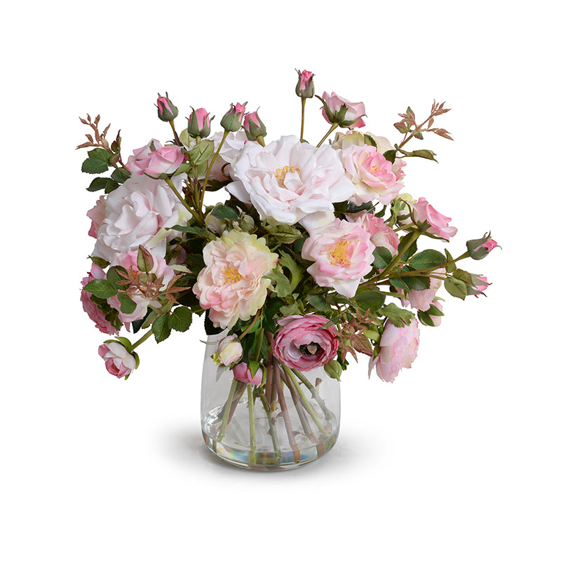 Ranunculus & Rose Arrangement in Glass 15"H