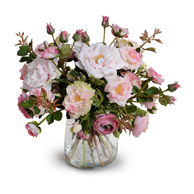 Ranunculus & Rose Arrangement in Glass 15"H