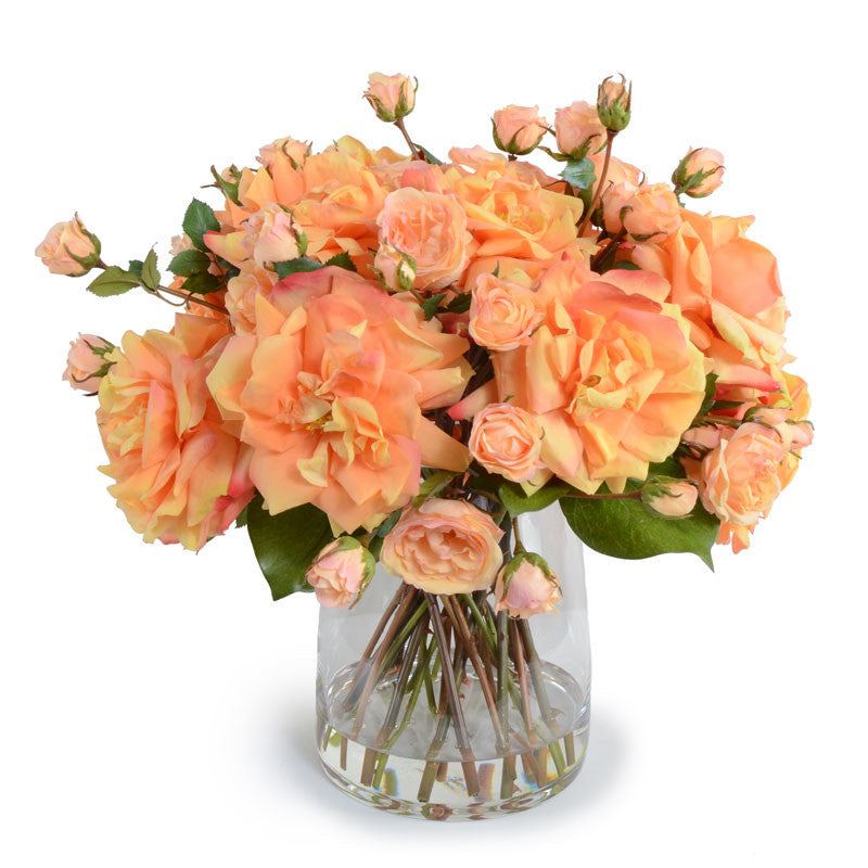 Rose Bouquet in Glass - Orange/Peach 13"H