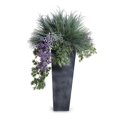Outdoor Artificial Greenery Arrangement with Grases, Vines and Succulents in Tapered Column Planter - Enduraleaf by New Growth Designs