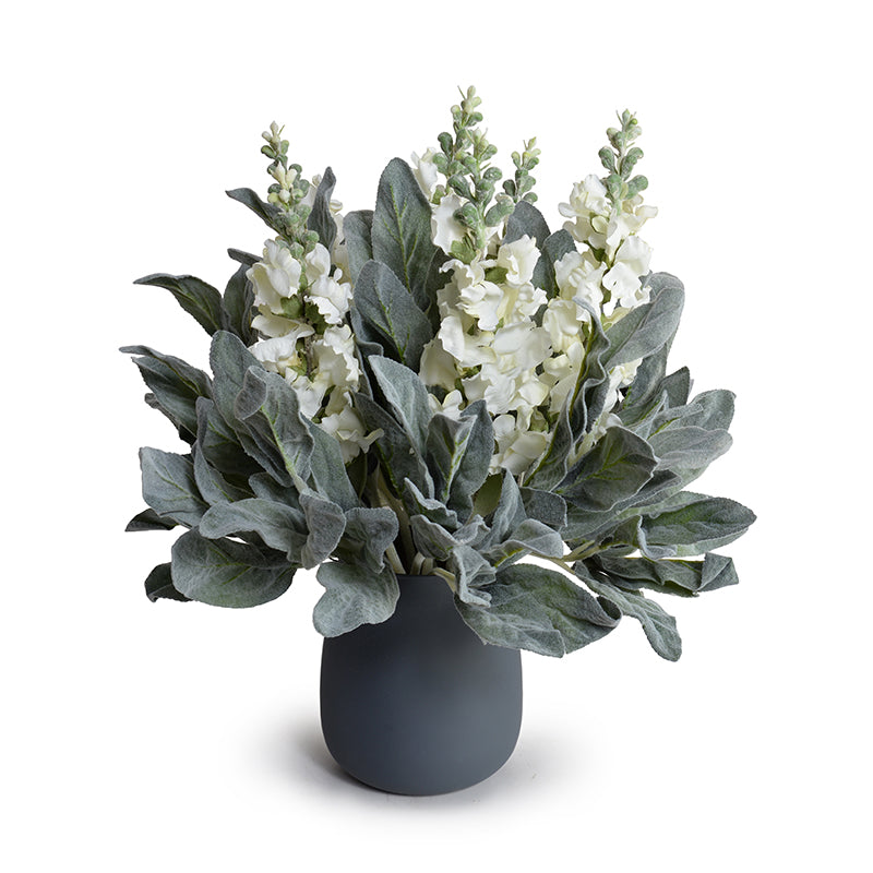 Lamb's Ear, Snapdragons in Gray Glass - Mixed
