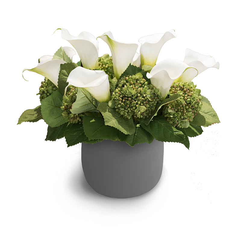 Calla Lily, Hydrangea Buds Arrangement in Gray Glass - Mixed