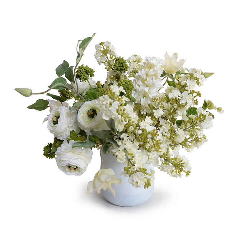 Mixed White Flowers Arrangement in White Vase, 14"H